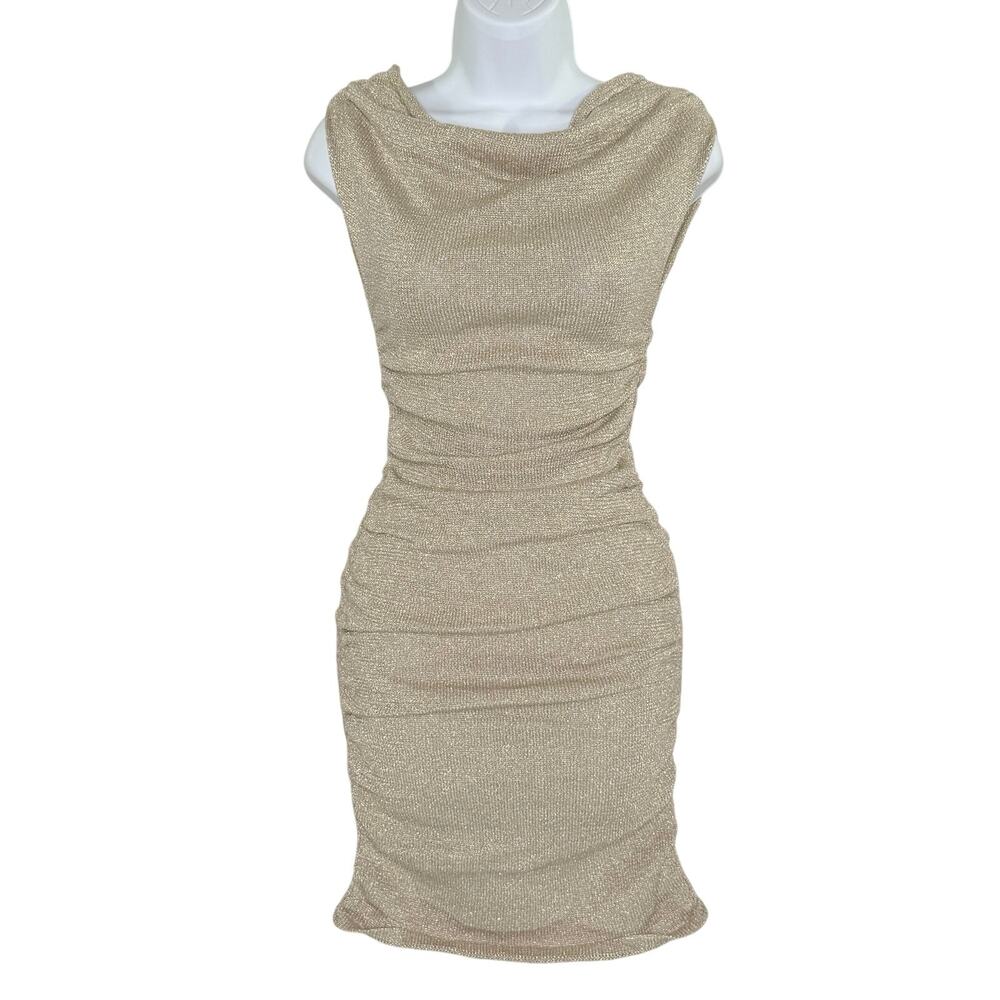 Meshki Pasha Off Shoulder Knit Mini Dress S NEW Gold Shimmer Ruched Cocktail
